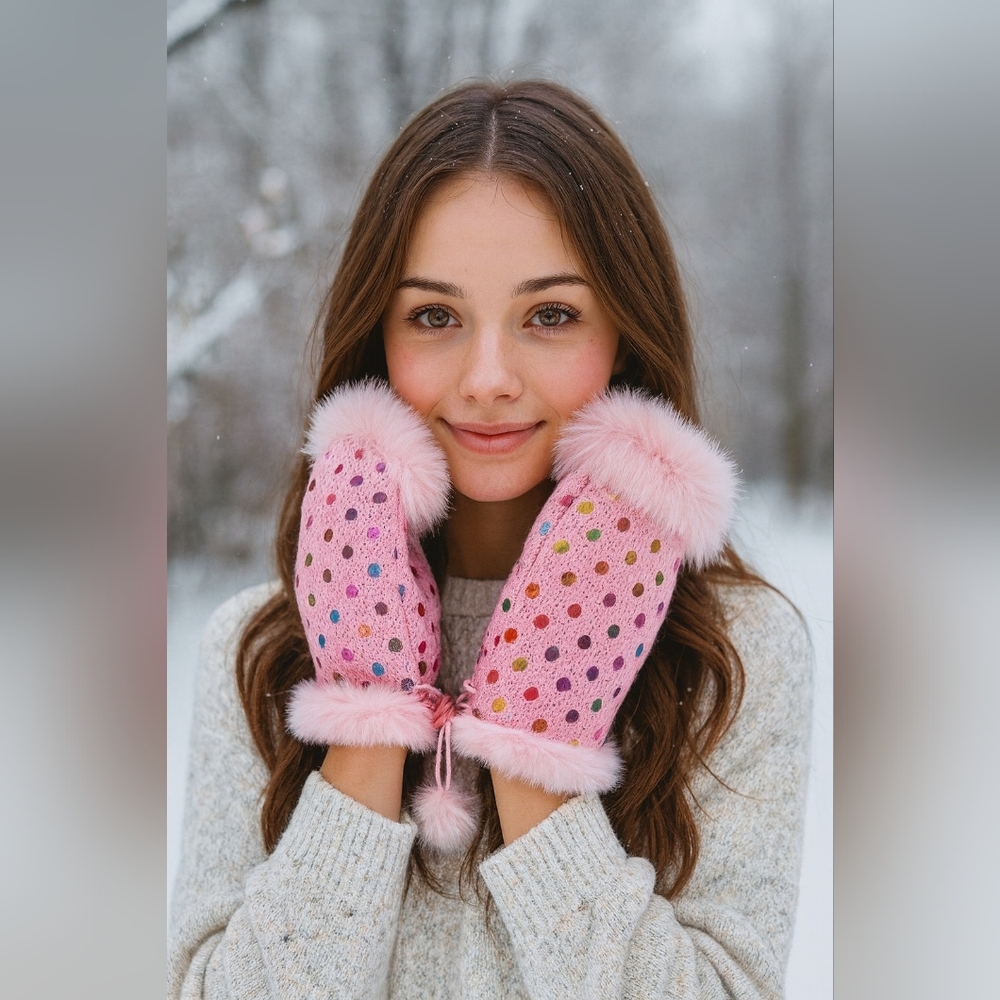 NWT Y3K Fall Winter light pink Faux Fur polkadots fingerless gloves (#1,045)